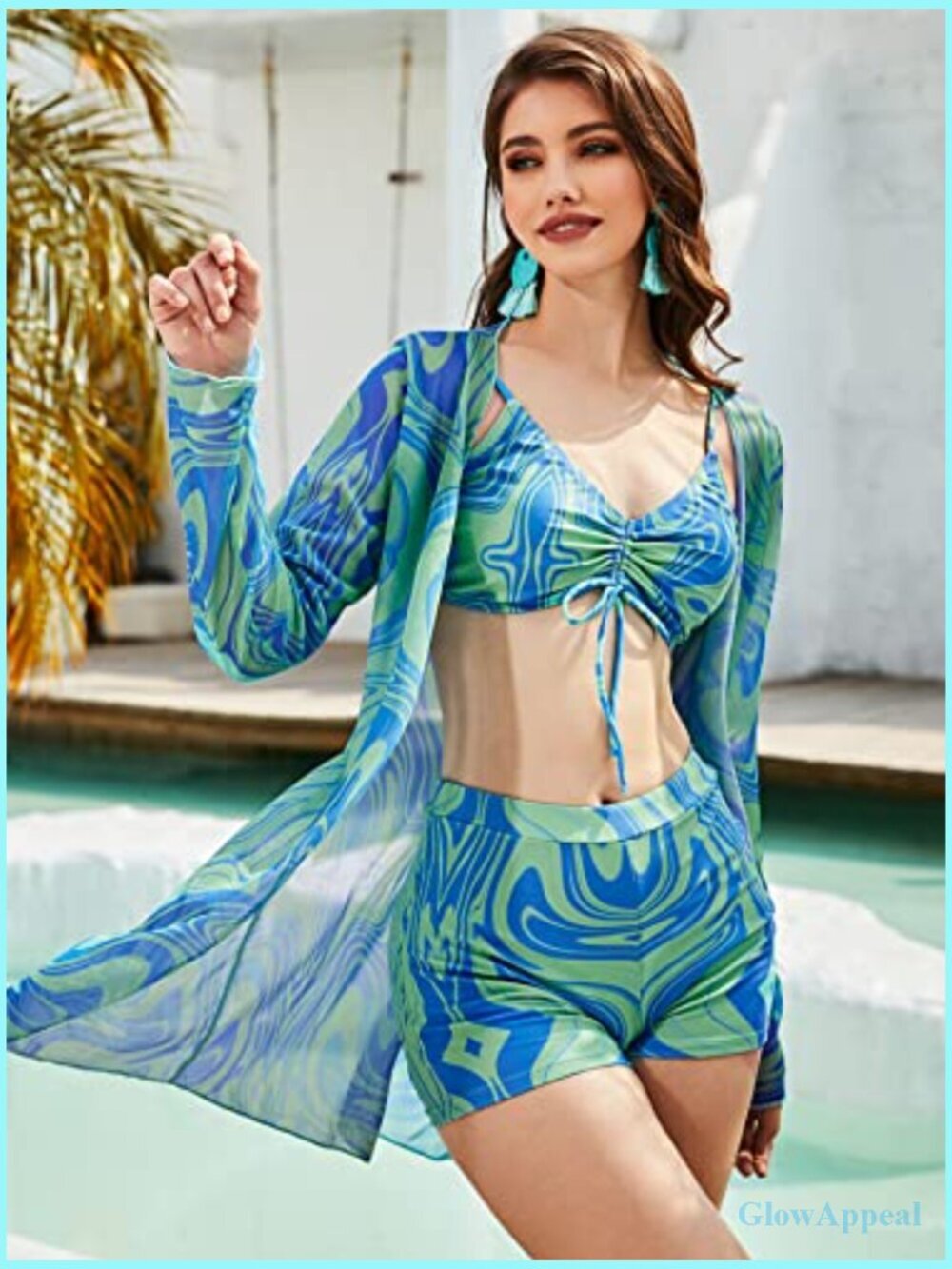 3 Piece Marble Print Tankini Swimsuit Set with Kimono Cover Up Long Sleeve V - Picture 3 of 7